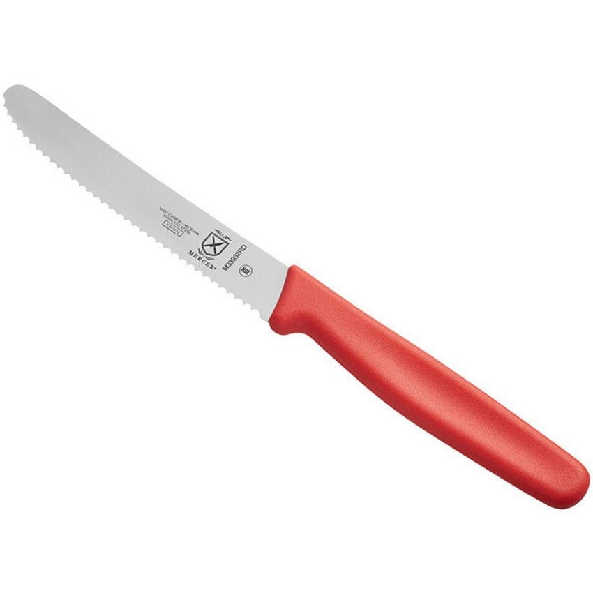 Mercer Culinary - 4 5/16 in. Serrated Steak Knife with Red Handle