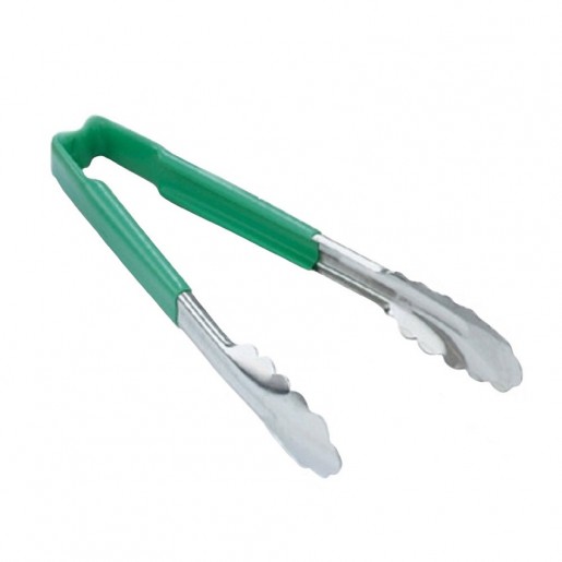 Vollrath - 12 in. One-Piece Scalloped Tongs with Green Kool-Touch Handle