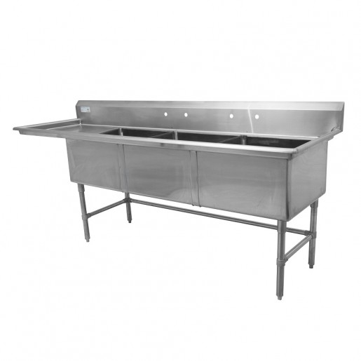 Thorinox - 24 in. X 24 in. X 14 in. Stainless Steel Three Compartment Sink - Left Drainboard